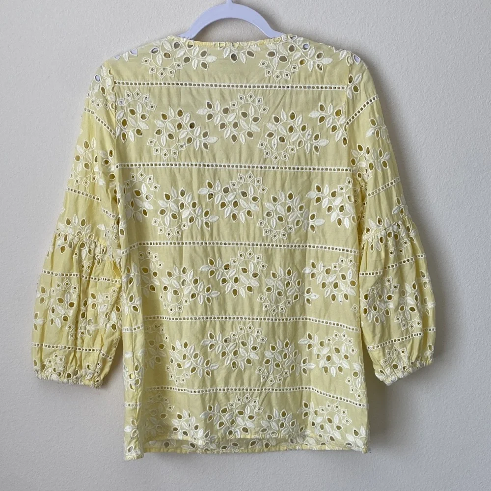 Chico's Yellow Eyelet Blouse with Brown Beaded Trim - Picture 3 of 9